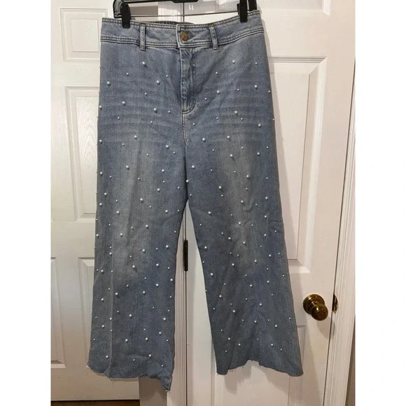 Antonio Melani Pearl Embellished Wide Leg Jeans Light Wash Blue Frayed Hem 12 - Picture 3 of 9